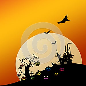 Happy Halloween day with pumpkins tree and haunted castle on moonlight wallpaper background