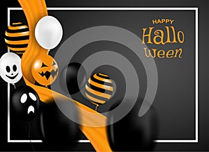 Happy Halloween . Design with balloons and orange fabric on black background .