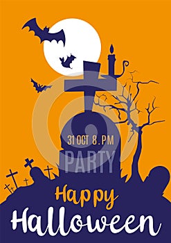 Happy halloween design with cemetery, grave, witch, zombie hands, moon, tree and bat scary. Orange silhouette over yellow