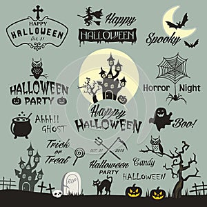 Happy Halloween design elements. Halloween design elements, logos, badges, labels, icons and objects. Vector illustration.