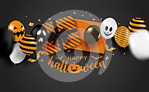 Happy Halloween. Design with gift box and balloons party on black background. vector