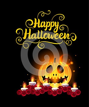 Happy halloween design. Jack pumpkin lantern and candles glowing. Vector illustration on a black background.