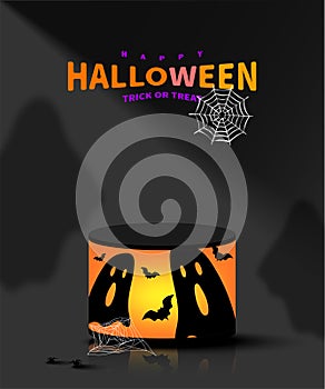 Happy Halloween design with lantern sphere, ghost silhouette, and spider on black room.