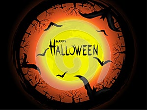 Happy Halloween. Design with moon and bats on orange sky background.