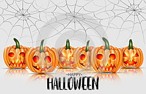 Happy Halloween design with orange pumpkins with glowing faces and spider web on the background.