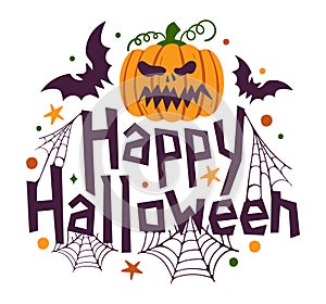 Happy Halloween Design with Pumpkin, bat, web and spooky Elements
