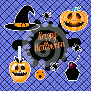 Happy Halloween design. Set of hearts hand draw. Vector illustration isolated on blue background. Black fishnet tights