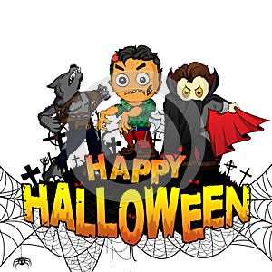 Happy Halloween Design template with Dracula, zombie and werevolf on white isolated background.