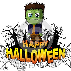 Happy Halloween Design template with Frankenstein on white isolated background