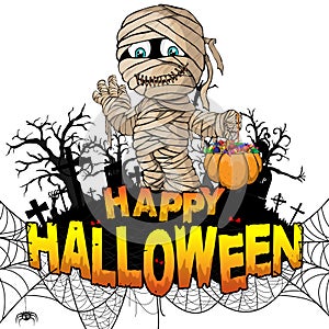 Happy Halloween Design template with mummy on white isolated background.