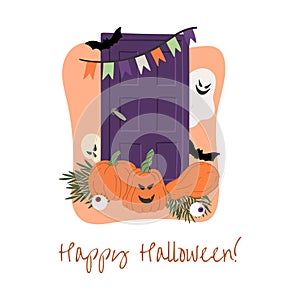 Happy Halloween! Door with pumpkin, eyes and ghost hand drawn cartoon style holiday concept