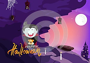 Happy Halloween, Dracula with pumpkin in a cave, mystery fantasy, greeting card invitation poster background vector