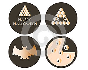 Happy Halloween emblems with bat, spider, eggs, eyes in dark gray background with cream color