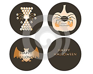 Happy Halloween emblems with bat, spider, eggs, eyes in dark gray background with cream color