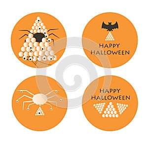 Happy Halloween emblems with bat, spider, eggs, eyes in orange background with black color