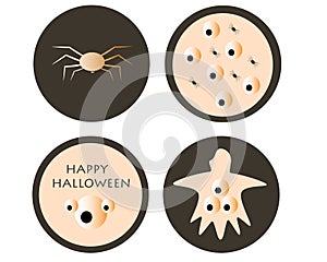 Happy Halloween emblems with ghost, spider, eyes in dark gray background with cream color