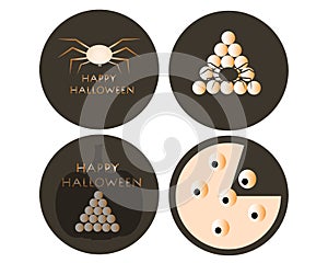 Happy Halloween emblems with spider, pumpkin, eggs, eyes in dark gray background with cream color