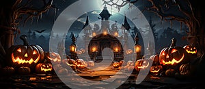 Happy Halloween Festive background with pumpkin with cut scary smile and dark moon light