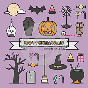 Happy halloween flat design line icons set vector illustration