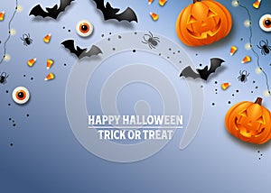 Happy Halloween flat lay banner with holiday party decorations. Jack O`Lantern pumpkins, bats, spiders and candies. Vector