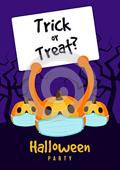 Happy halloween flyer template design decorative with pumpkin weating sanitary mask during COVID-19 pandemic situation