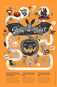 Happy Halloween flyer template in a flat style with festive map, funny and spooky cartoon characters and place for text