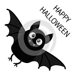 Happy Halloween. Flying bat vampire. Cute cartoon baby character with big open wing, ears, legs. Black silhouette. Forest animal.