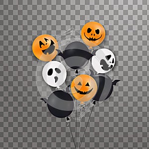 Happy Halloween. Flying bunch of shiny, holiday balloons isolated. Scary air balloon. Bunch of Halloween white, black