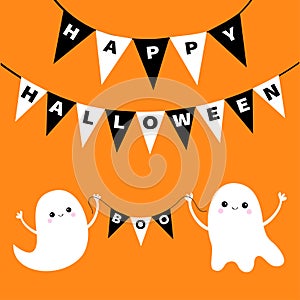 Happy Halloween. Flying ghost spirit holding bunting flag Boo. Two white scary ghosts. Cute cartoon spooky character. Smiling face