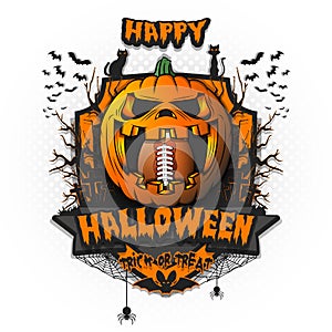 Happy Halloween. Football ball inside pumpkin