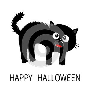 Happy Halloween. Frightened cat arch back. Screaming kitten. Hair fur stands on end. Eyes, fangs, moustaches whisker. Cute funny c