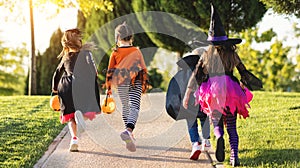 Happy Halloween! funny children in carnival costumes with bucket run back along the path in the garden