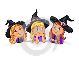 Happy Halloween funny children in hat on white background template
