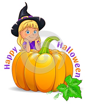 Happy Halloween funny girl in black hat with pumpkin