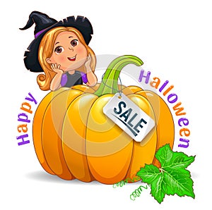 Happy Halloween funny girl in hat with pumpkin sale sign