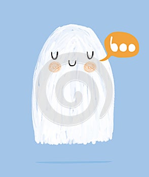 Happy Halloween. Funny Hand Drawn Halloween Vector Illustration with Sweet Fluffy White Ghost