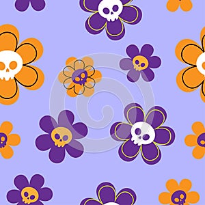 Happy Halloween. Funny Vector Illustration with Creepy Dead Flowers. Cute Hand Drawn Flowers with Skull Face