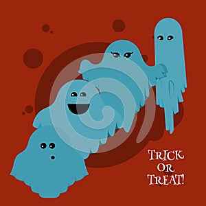 Happy Halloween, Ghost, Scary blue ghosts. Cute cartoon spooky character. Smiling face, hands. Red background Greeting