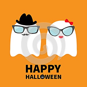 Happy Halloween. Ghost spirit family couple with lips, mustaches and eyeglasses, hat, bow. Scary white ghosts. Cute cartoon charac