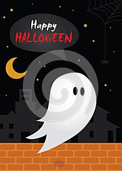 Happy halloween, ghost in town at night illustration