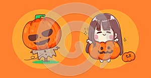 Happy Halloween girl in pumpkin costume and scary monster on background with cute character design