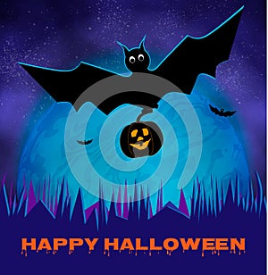 Happy halloween glowing night background with moon, bats. Cartoon spooky party invitations, cards and flyers, decoration element.