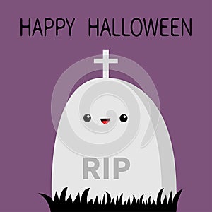 Happy Halloween. Grave stone cemetery cross. Tombstone icon. RIP. Black grass silhouette. Graveyard. Green color. Cute cartoon boo