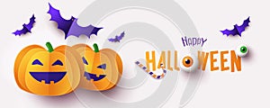 Happy Halloween greeting banner, card or party invitation with Holiday calligraphy, cutest pumpkins and bats on white background photo