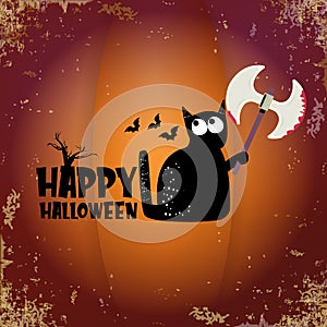 Happy halloween greeting card or banner with Black cat holding knife isolated on grunge orange background. Funny