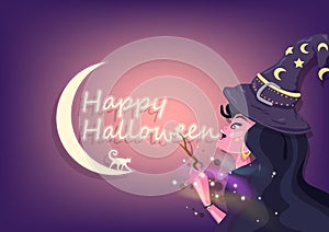 Happy Halloween greeting card, beautiful witch is casting magic, fantasy concept, poster, wizard cartoon character flat design