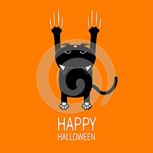 Happy Halloween Greeting card. Cartoon black cat. Back view with head.