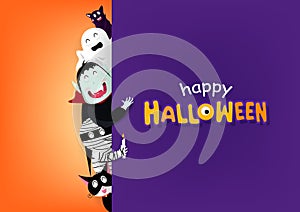 Happy Halloween greeting card, celebrate invitation poster, festive party holiday, cartoon characters vector illustration