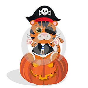 Happy Halloween greeting card with cute pirate tiger and pumpkin. Vector illustration