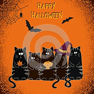 Happy Halloween greeting card design with cute cartoon black cats.